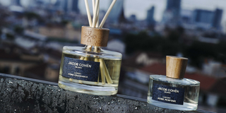 Jacob Cohën reed diffuser and home perfume bottle with wooden caps on a rain-speckled ledge, city skyline in the background