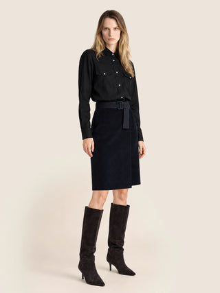 Wrapover Skirt in Navy Blue Cotton and Cashmere Wide-Rib Corduroy with Leather Belt 2