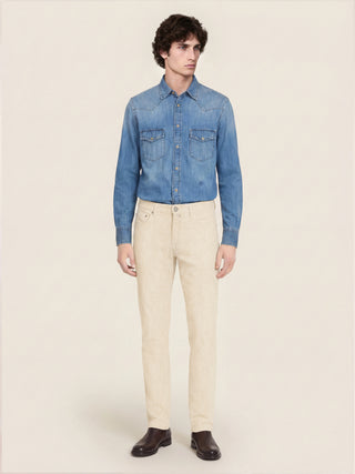 Bard Regular-Slim 5 Pocket Pants in Almond-White Stretch Cotton Corduroy 3