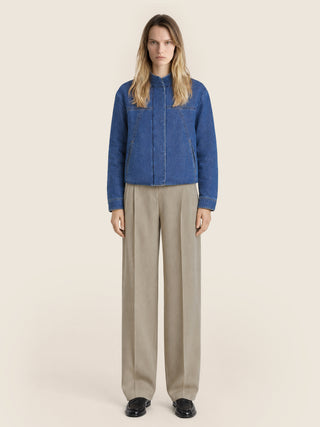 Bomber Jacket in Medium Blue Light Cotton Denim with Stone Wash 2