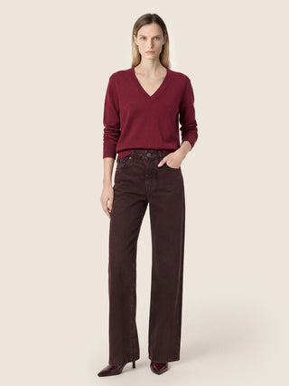 Hailey Relaxed 5 Pocket Pants in Burgundy Cotton Bull with Marble Effect 3