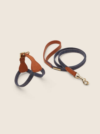 Kit de arnés y correa para perro en denim con detalles de piel