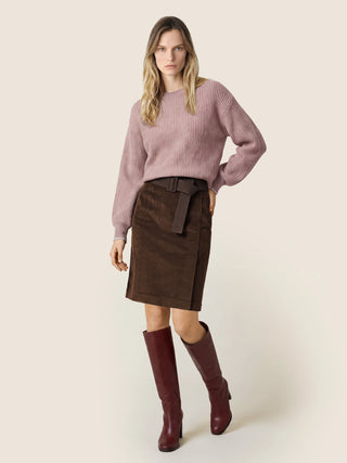 Wrapover Skirt in Brown Cotton and Cashmere Corduroy with Leather Belt 2