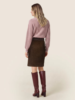 Jupe portefeuille en velours de coton et cachemire côtelé marron avec ceinture en cuir 4