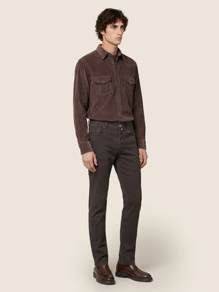 Bard Regular-Slim 5 Pocket Pants in Dark Brown Cotton and Lyocell Stretch Twill 3