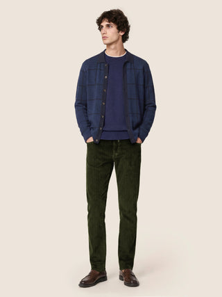 Cardigan in Wool and Silk Jacquard Piquet with Light Blue and Navy Blue Prince of Wales Motif 2