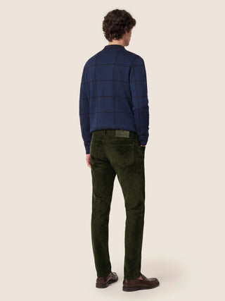 Cardigan in Wool and Silk Jacquard Piquet with Light Blue and Navy Blue Prince of Wales Motif 4